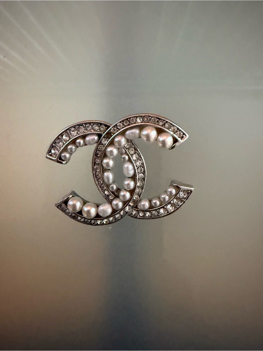 CHANEL Silver-Tone CC Brooch with Pearls and Clear Crystals